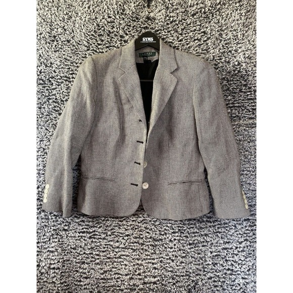 LRL Lauren Ralph Lauren Gray Linen Blazer Jacket 4 Button Lined Size 10P Petite - Picture 11 of 14